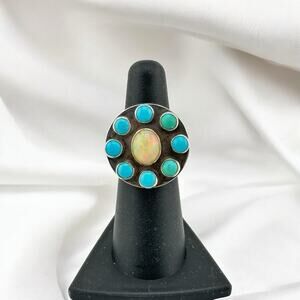 Vintage Native American Turquoise Natural Opal Ring Size 5.5 Etched Design
